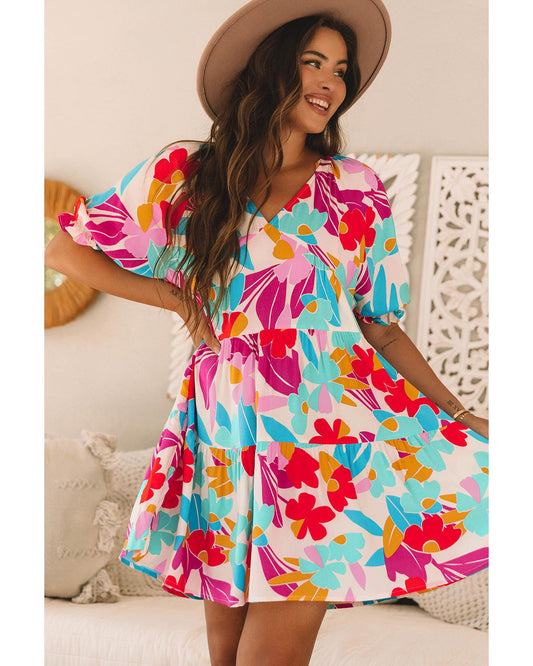 Rose Red Floral Bubble Sleeve V Neck Tiered Ruffle Babydoll Dress - XL