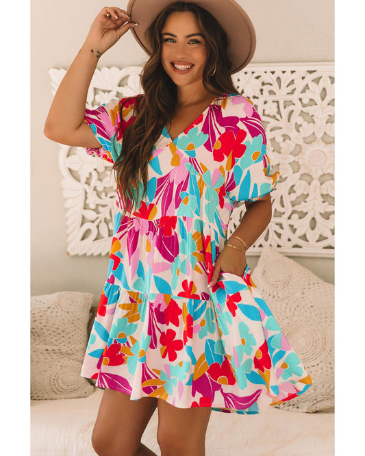 Rose Red Floral Bubble Sleeve V Neck Tiered Ruffle Babydoll Dress - XL