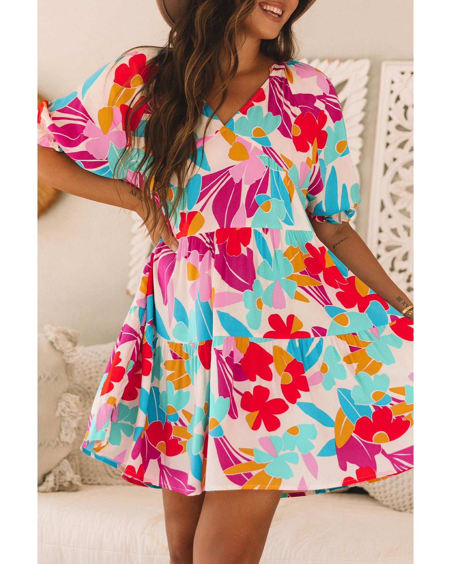 Rose Red Floral Bubble Sleeve V Neck Tiered Ruffle Babydoll Dress - XL