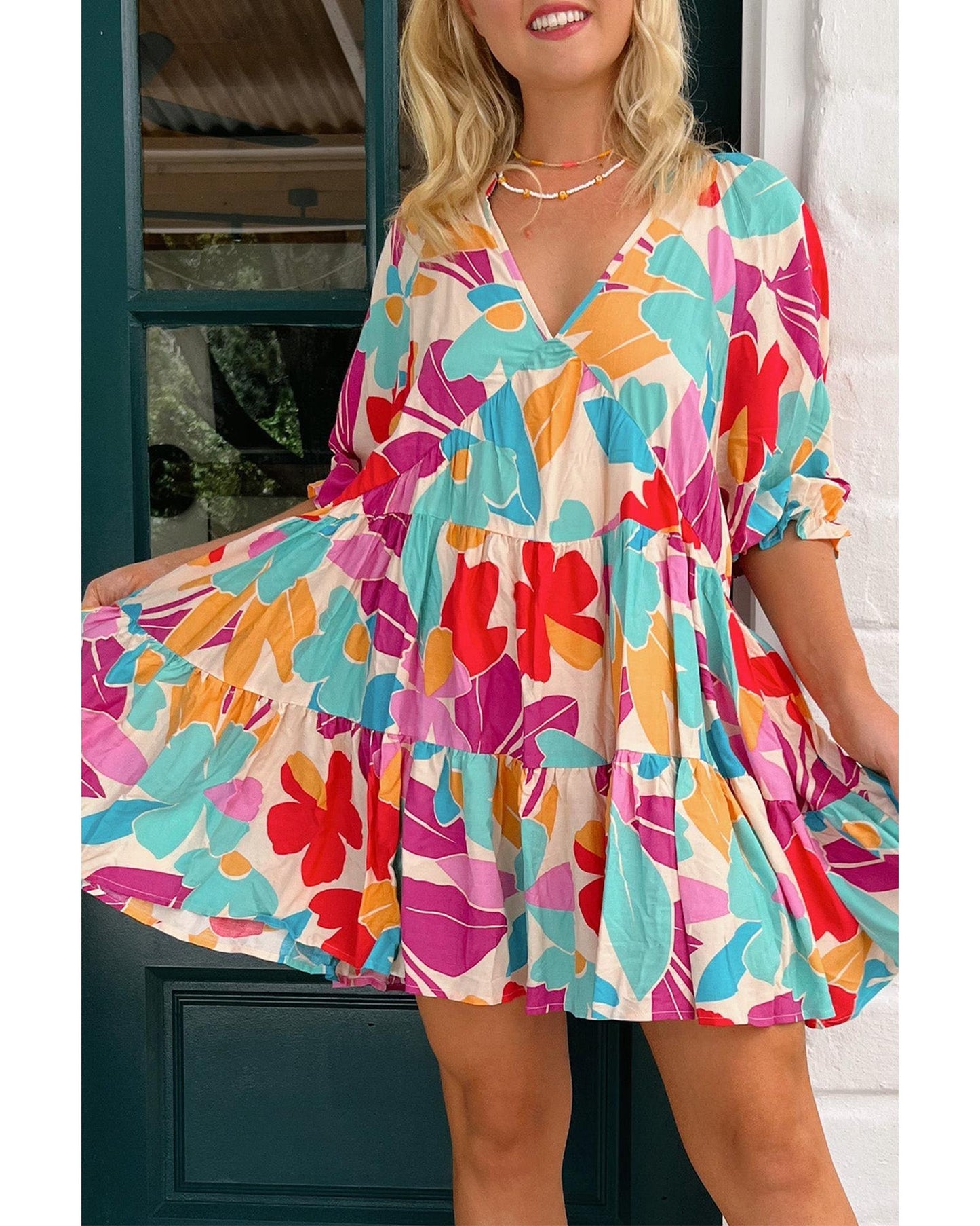 Rose Red Floral Bubble Sleeve V Neck Tiered Ruffle Babydoll Dress - XL