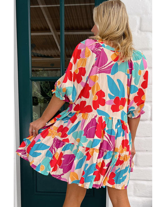 Rose Red Floral Bubble Sleeve V Neck Tiered Ruffle Babydoll Dress - XL