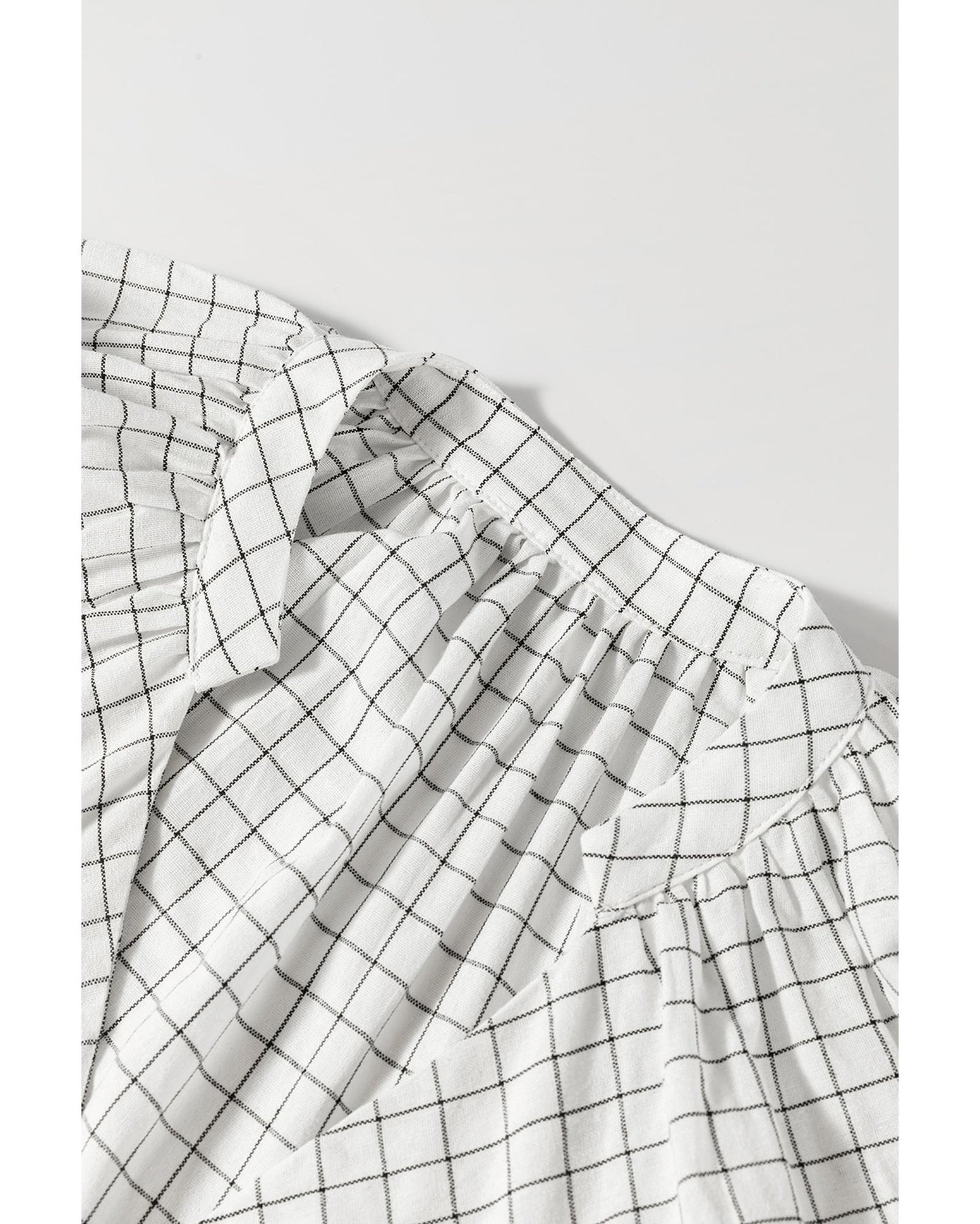 White Stripe Checkered Frilled V Neck Bracelet Sleeve Babydoll Dress - L