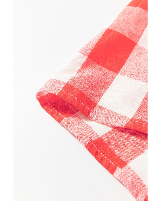 Pink Oversized Plaid Puff Sleeve Round Hem Shirt Dress - L