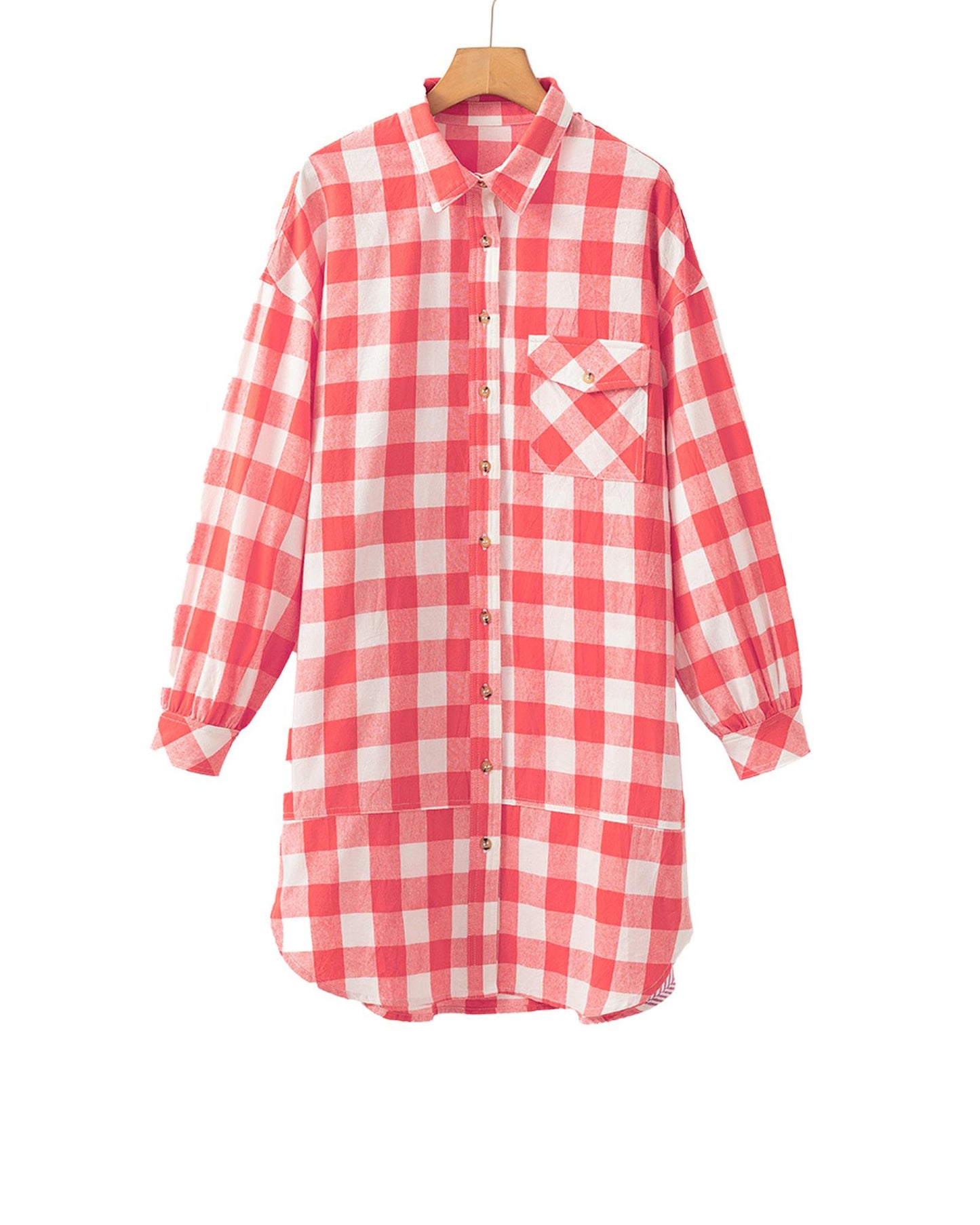 Pink Oversized Plaid Puff Sleeve Round Hem Shirt Dress - L