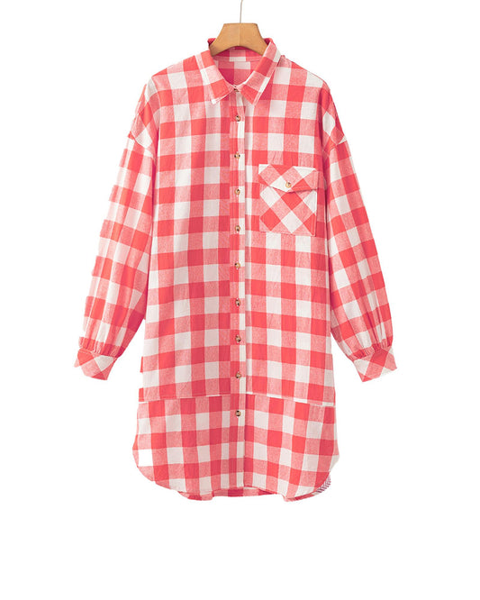 Pink Oversized Plaid Puff Sleeve Round Hem Shirt Dress - L