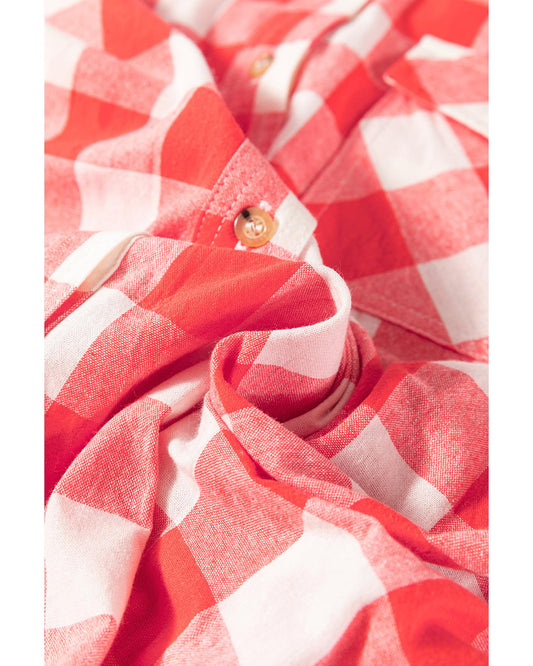 Pink Oversized Plaid Puff Sleeve Round Hem Shirt Dress - L