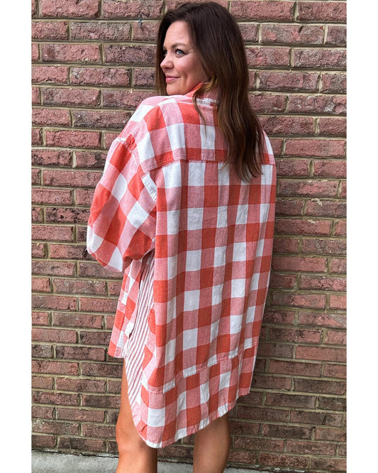Pink Oversized Plaid Puff Sleeve Round Hem Shirt Dress - L