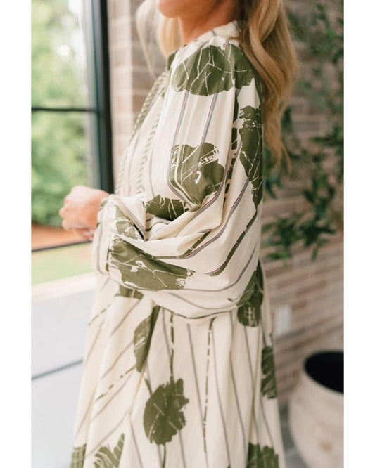 Guacamole Green Floral Striped Print Contrast Piping Puff Sleeve Dress - L