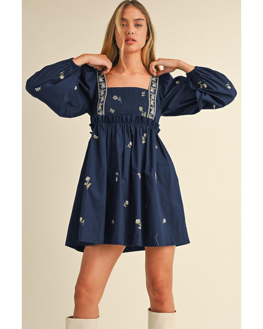 Blue Floral Embroidered Square Neck Puff Sleeve Ruffled Mini Dress - L
