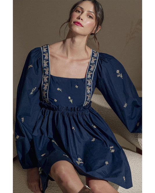Blue Floral Embroidered Square Neck Puff Sleeve Ruffled Mini Dress - L