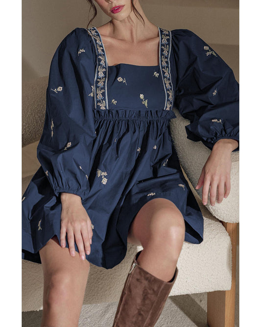 Blue Floral Embroidered Square Neck Puff Sleeve Ruffled Mini Dress - S