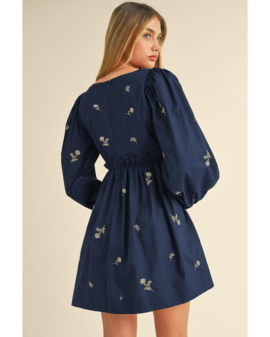 Blue Floral Embroidered Square Neck Puff Sleeve Ruffled Mini Dress - S