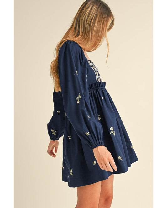 Blue Floral Embroidered Square Neck Puff Sleeve Ruffled Mini Dress - S