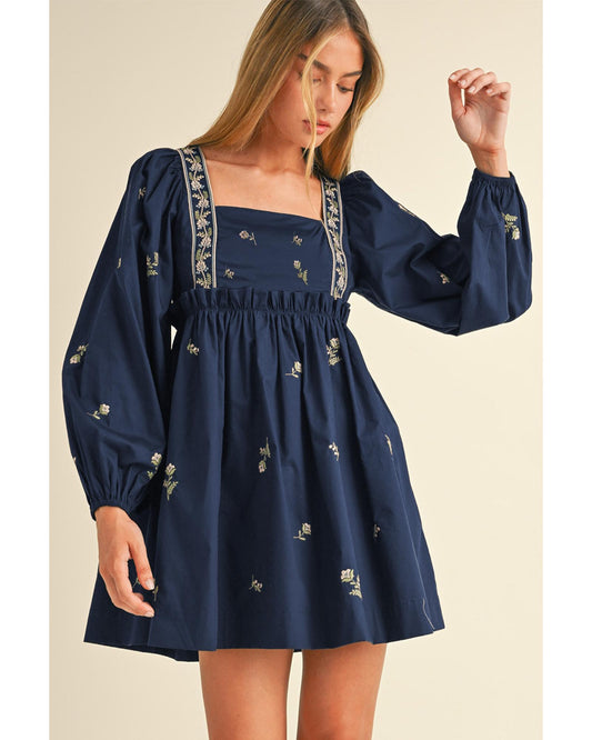 Blue Floral Embroidered Square Neck Puff Sleeve Ruffled Mini Dress - S