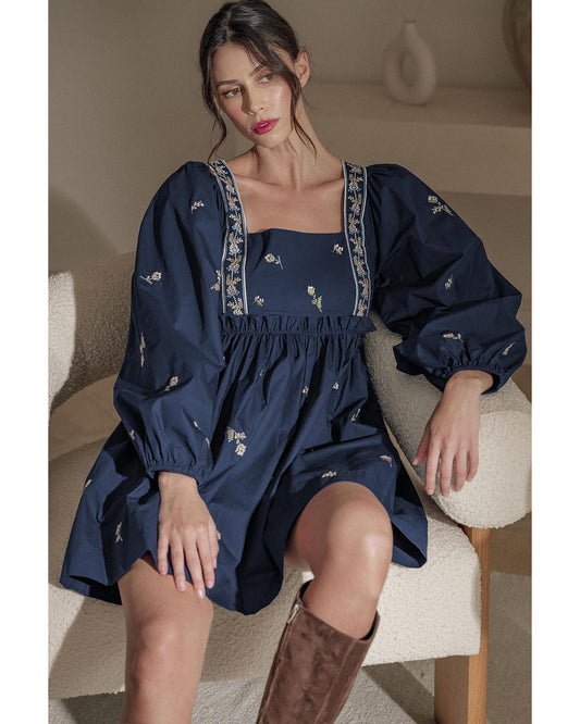 Blue Floral Embroidered Square Neck Puff Sleeve Ruffled Mini Dress - S