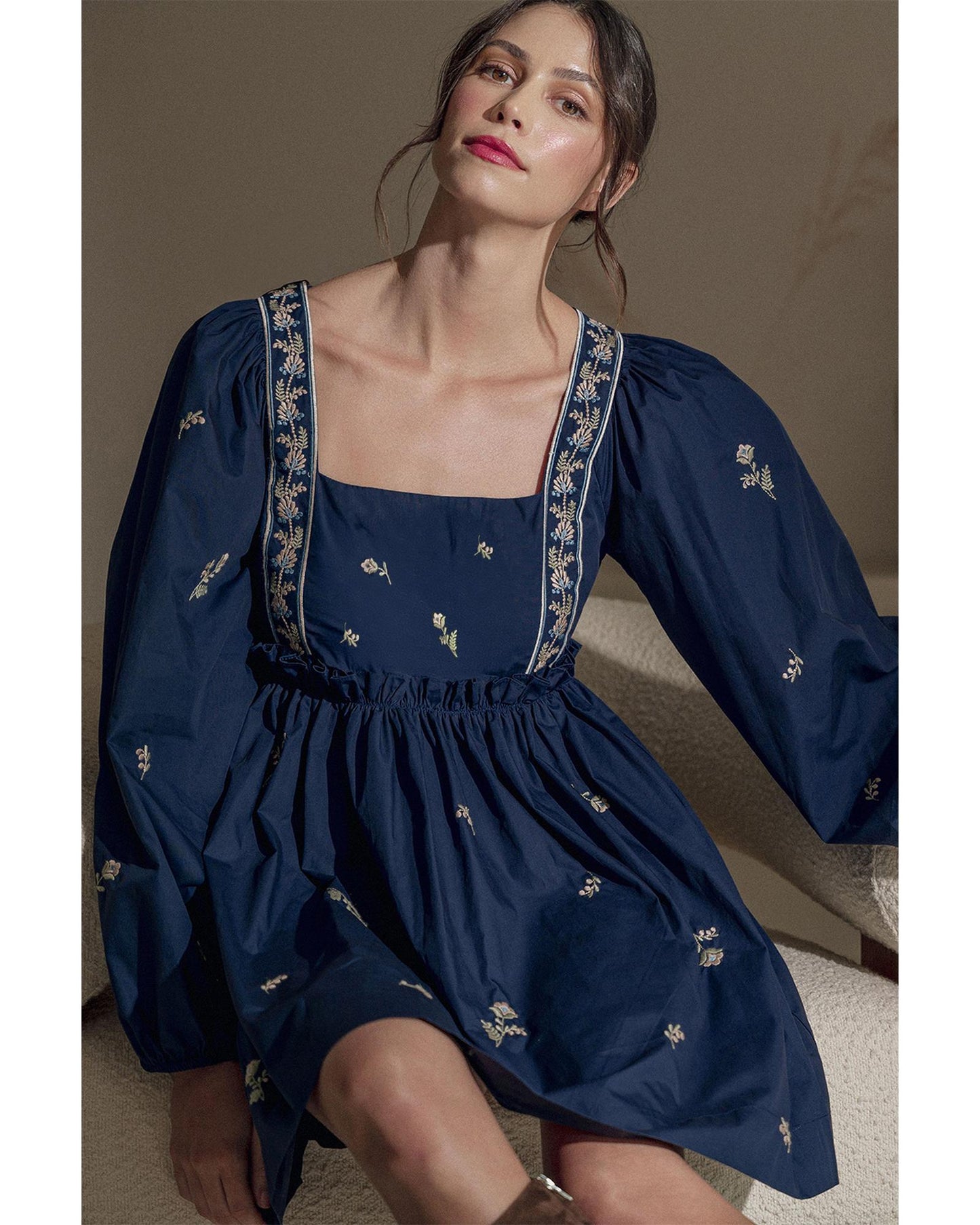 Blue Floral Embroidered Square Neck Puff Sleeve Ruffled Mini Dress - S