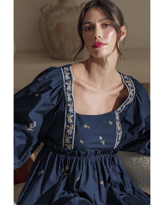 Blue Floral Embroidered Square Neck Puff Sleeve Ruffled Mini Dress - S