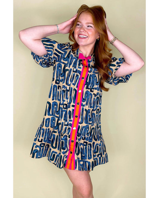 Beige Abstract Print Bubble Sleeve Button up Mini Dress - XL