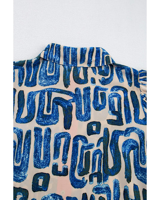 Beige Abstract Print Bubble Sleeve Button up Mini Dress - XL