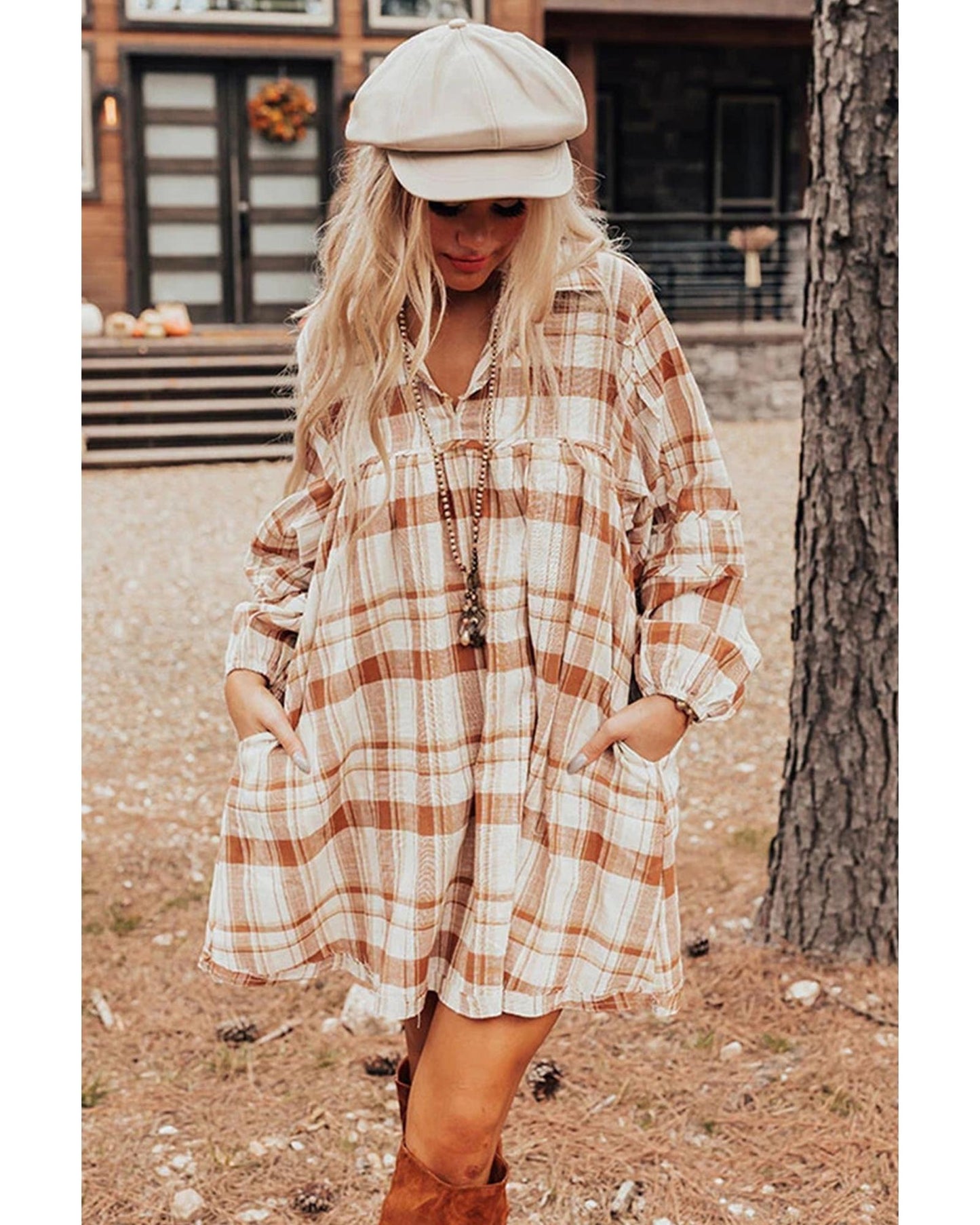 Brown Plaid Print Side Pockets Frilled Babydoll Mini Dress