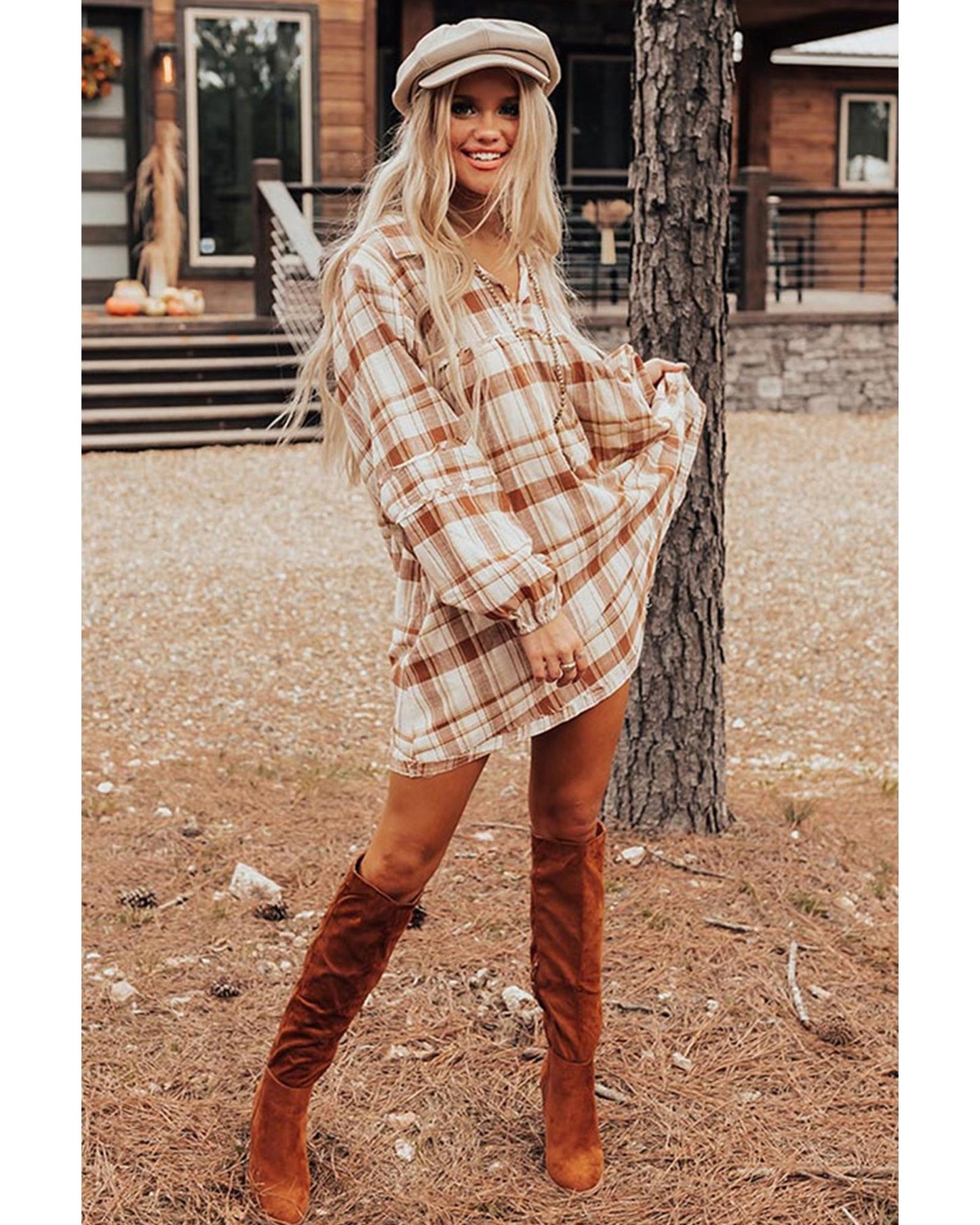 Brown Plaid Print Side Pockets Frilled Babydoll Mini Dress