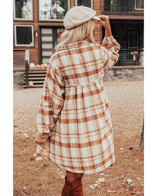Brown Plaid Print Side Pockets Frilled Babydoll Mini Dress - M