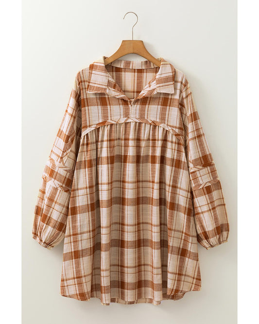 Brown Plaid Print Side Pockets Frilled Babydoll Mini Dress - M