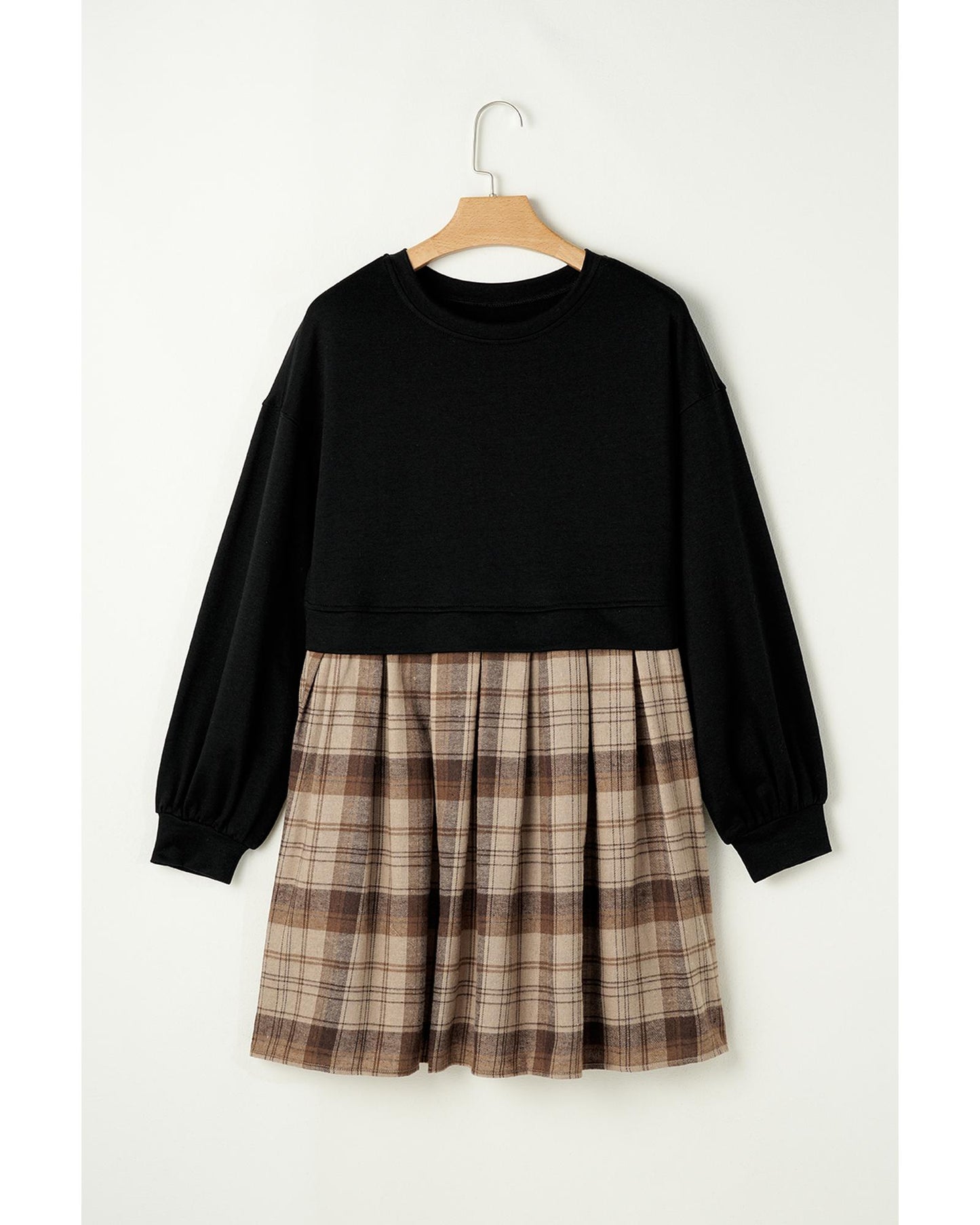 Black Plaid Patchwork High Waist Sweatshirt Mini Dress - L