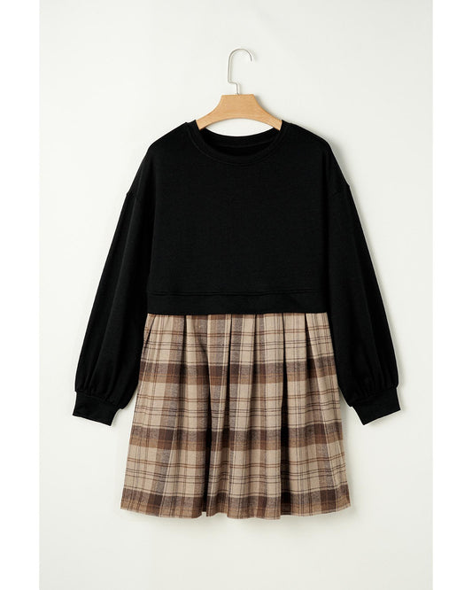 Black Plaid Patchwork High Waist Sweatshirt Mini Dress - L
