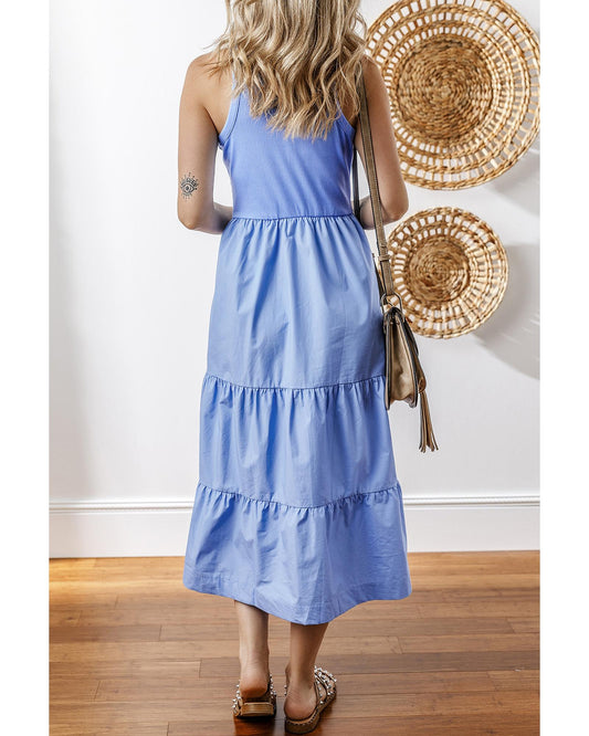 Ribbed Vest Patchwork Tiered Midi Dress with Pockets