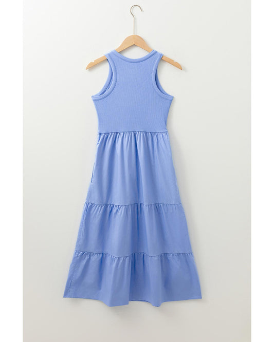 Ribbed Vest Patchwork Tiered Midi Dress with Pockets