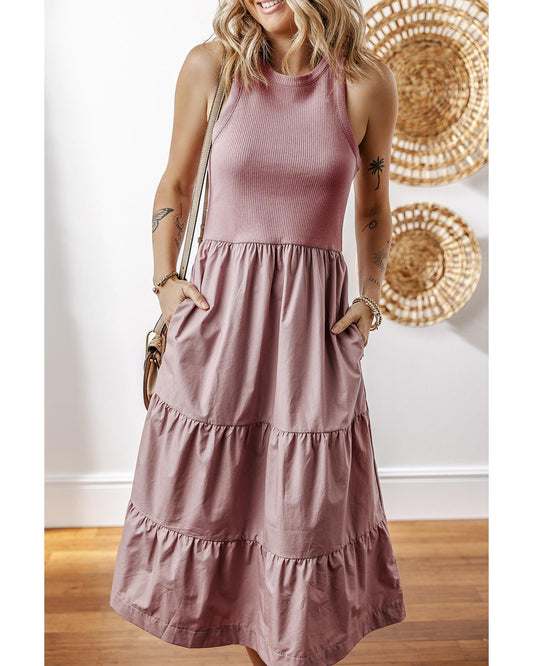 Ribbed Vest Patchwork Tiered Midi Dress with Pockets