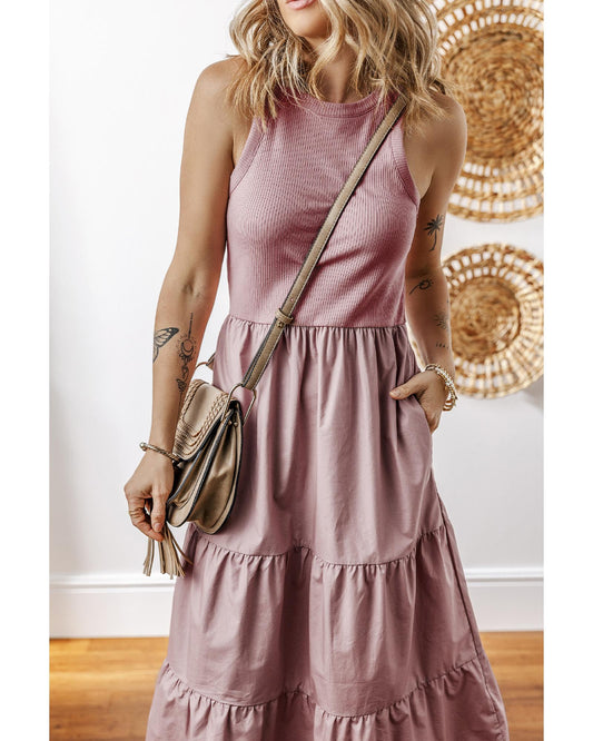Ribbed Vest Patchwork Tiered Midi Dress with Pockets
