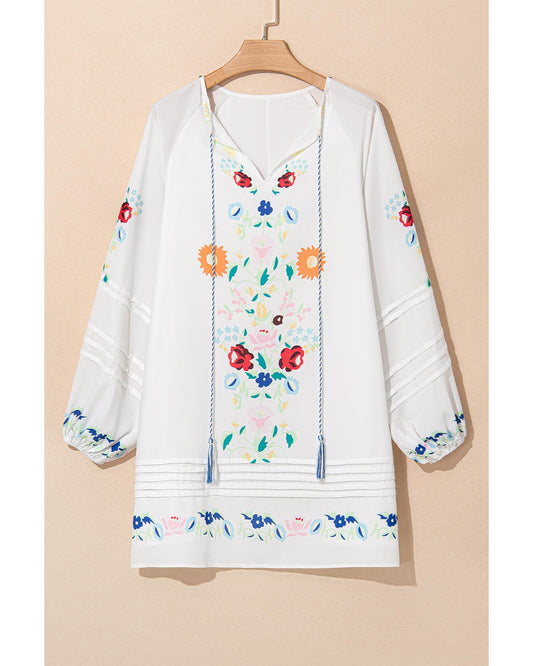 White Floral Print Boho Tassel Tie Split Neck Tucking Detail Puff Sleeve Mini Dress - L