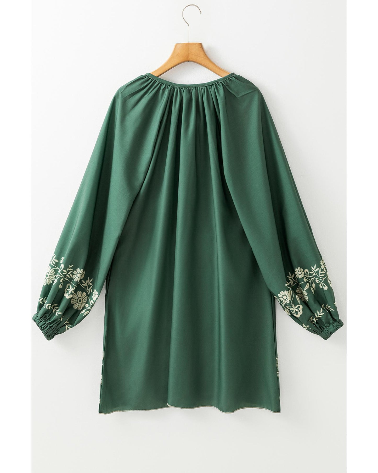 Mist Green Tie Neck Boho Floral Pattern Puff Sleeve Shift Dress - L