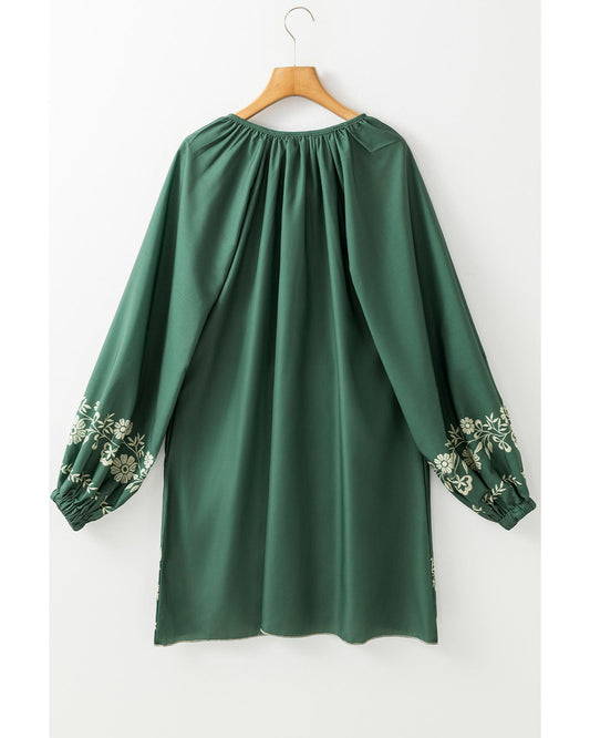 Mist Green Tie Neck Boho Floral Pattern Puff Sleeve Shift Dress - L
