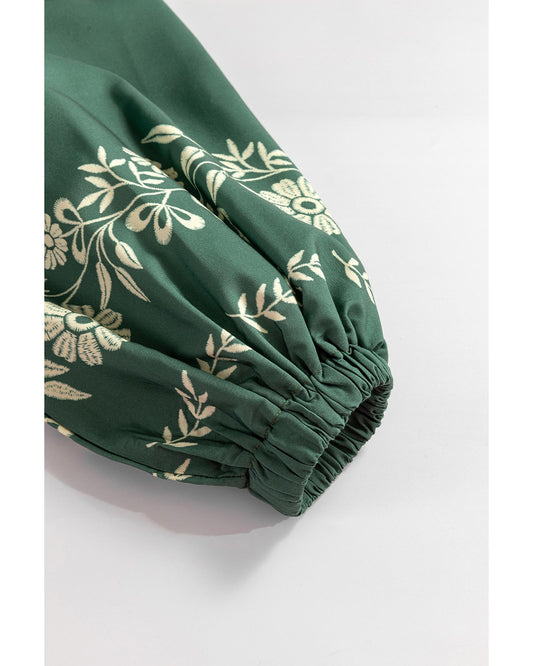 Mist Green Tie Neck Boho Floral Pattern Puff Sleeve Shift Dress - L