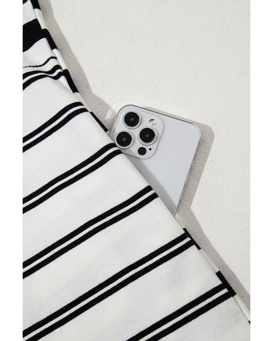 Black Stripe Half Placket Polo T Shirt Dress - L