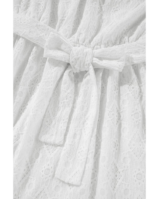 White Lace Sleeveless Knot Hollow Out Back Tied Waist Mini Dress - L