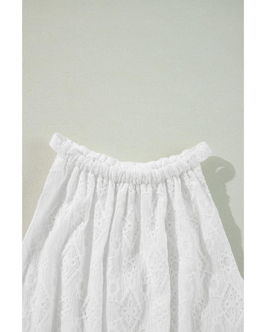 White Lace Sleeveless Knot Hollow Out Back Tied Waist Mini Dress - S