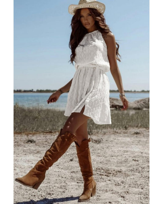 White Lace Sleeveless Knot Hollow Out Back Tied Waist Mini Dress - XL