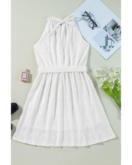 White Lace Sleeveless Knot Hollow Out Back Tied Waist Mini Dress - XL