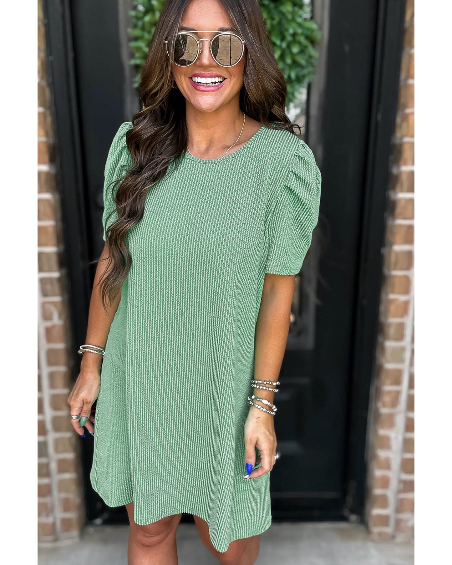 Corded Knit Crew Neck Puff Sleeve Shift Mini Dress