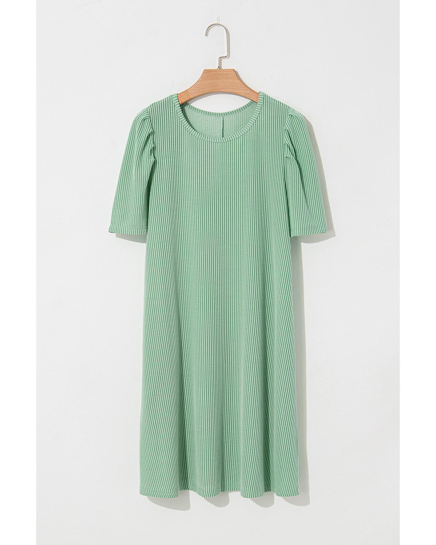 Corded Knit Crew Neck Puff Sleeve Shift Mini Dress