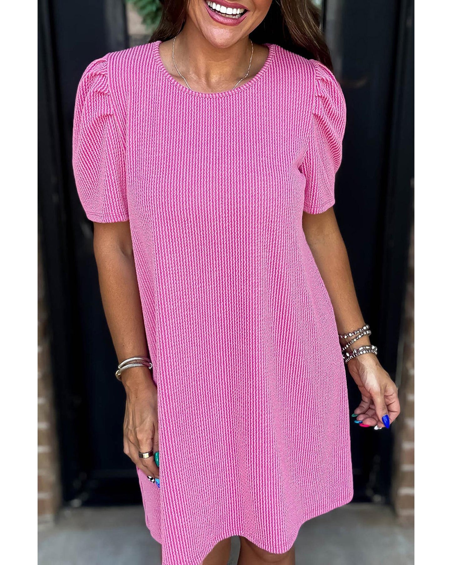 Corded Knit Crew Neck Puff Sleeve Shift Mini Dress
