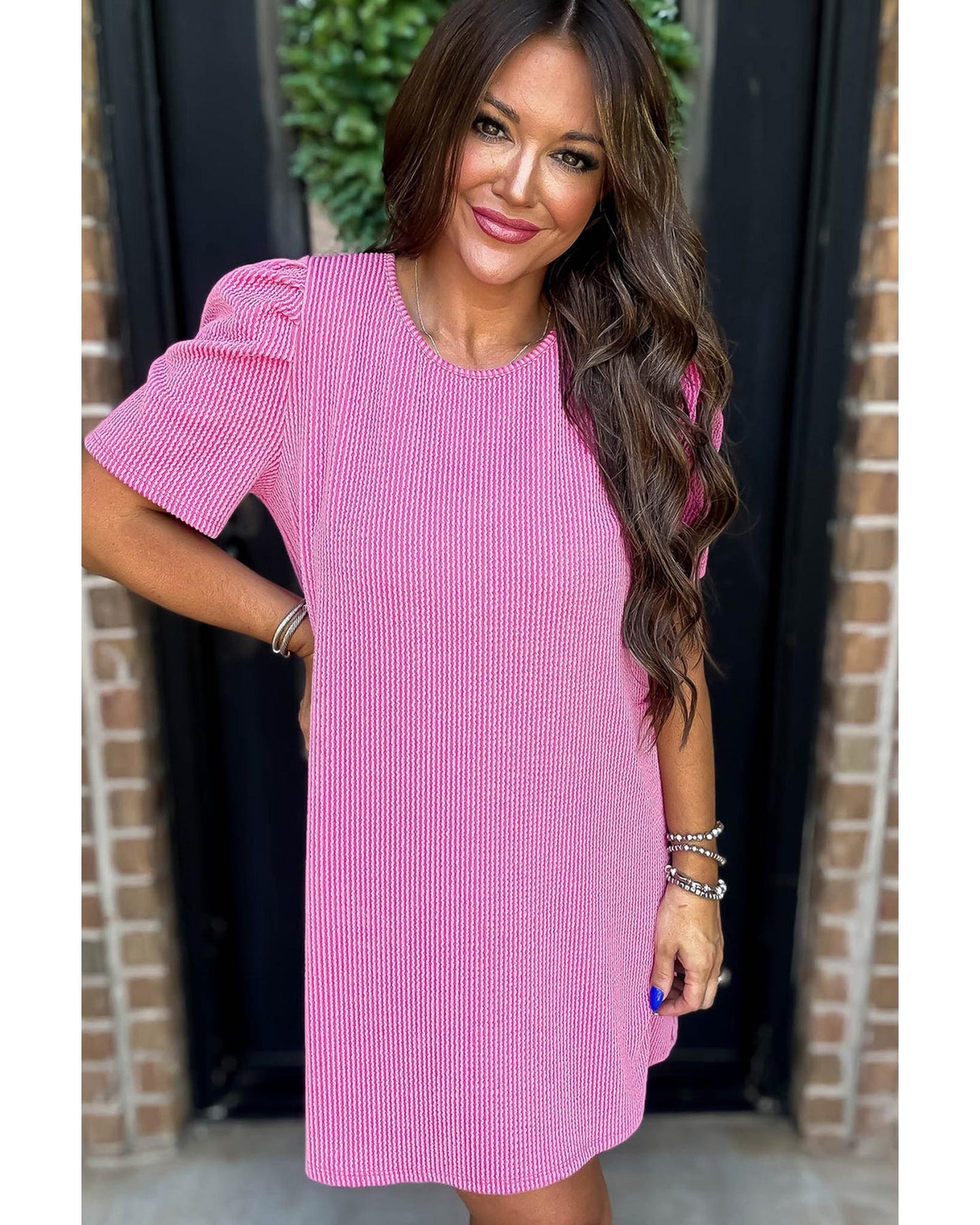 Corded Knit Crew Neck Puff Sleeve Shift Mini Dress