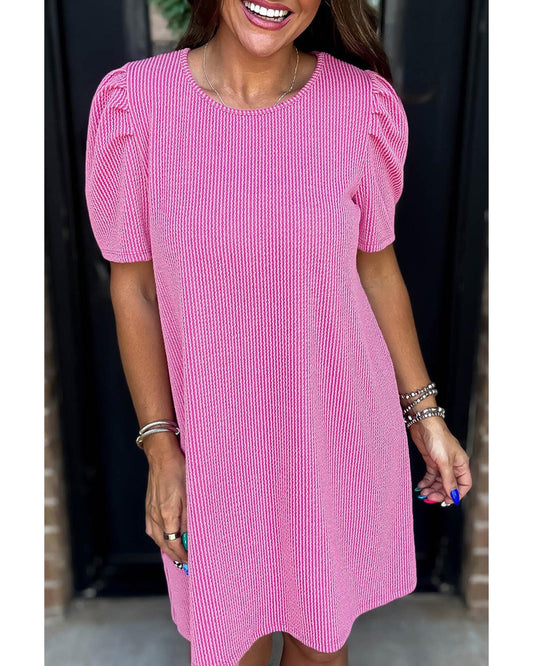 Bright Pink Corded Knit Crew Neck Puff Sleeve Shift Mini Dress - M