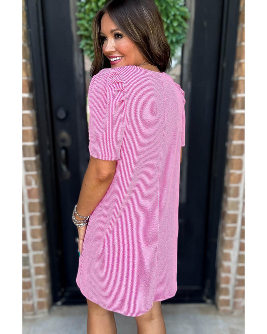 Bright Pink Corded Knit Crew Neck Puff Sleeve Shift Mini Dress - M