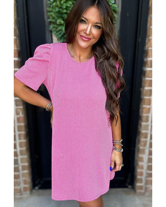 Bright Pink Corded Knit Crew Neck Puff Sleeve Shift Mini Dress - M