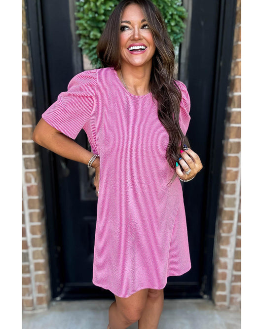Bright Pink Corded Knit Crew Neck Puff Sleeve Shift Mini Dress - M